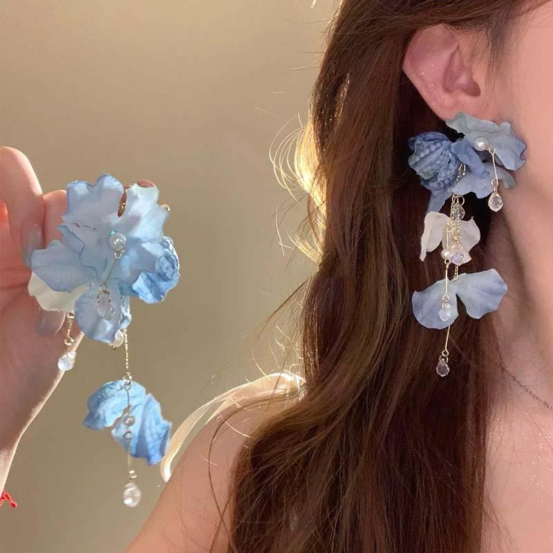 Exaggerated Blue Flower Tassel Earrings for Women Imitation Pearl Crystal Pendant Earrings Hawaii Vacation Jewelry Accessories