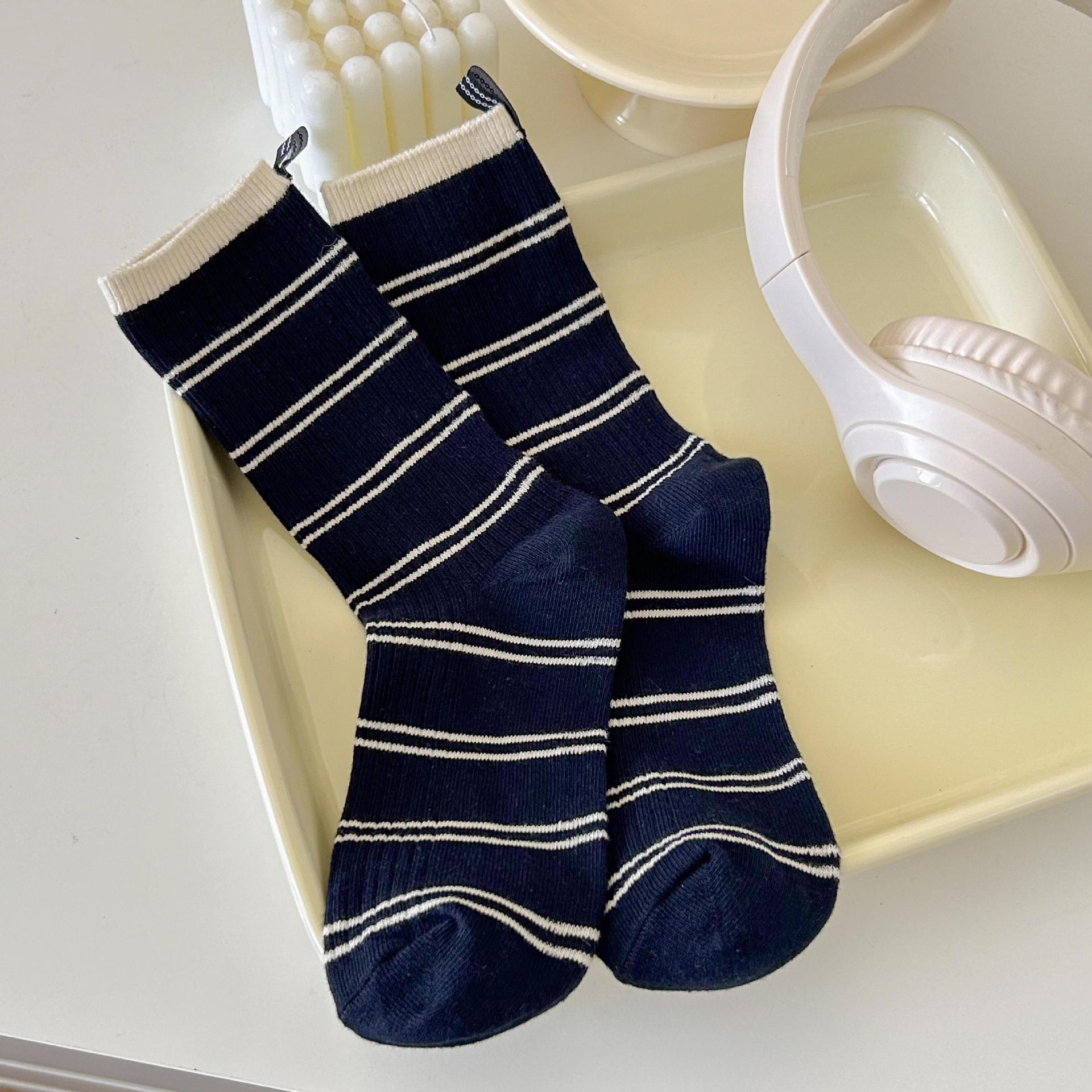 

2024 Socks Contrasting Color Raska Stripe Trendy Heel Label Middle Tube Stack Socks One size fits all