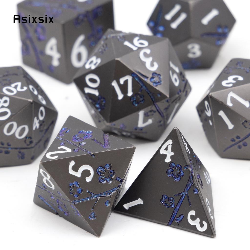 7 Pcs Black Flower Metal Dice Solid Metal Polyhedral Dice Set Suitable for Role-Playing RPG Board Game Card Game