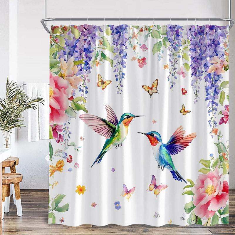 Floral Hummingbird Shower Curtains Watercolor Flowers Butterfly Dragonfly Birds Plant Bath Curtain Modern Fabric Bathroom Decor