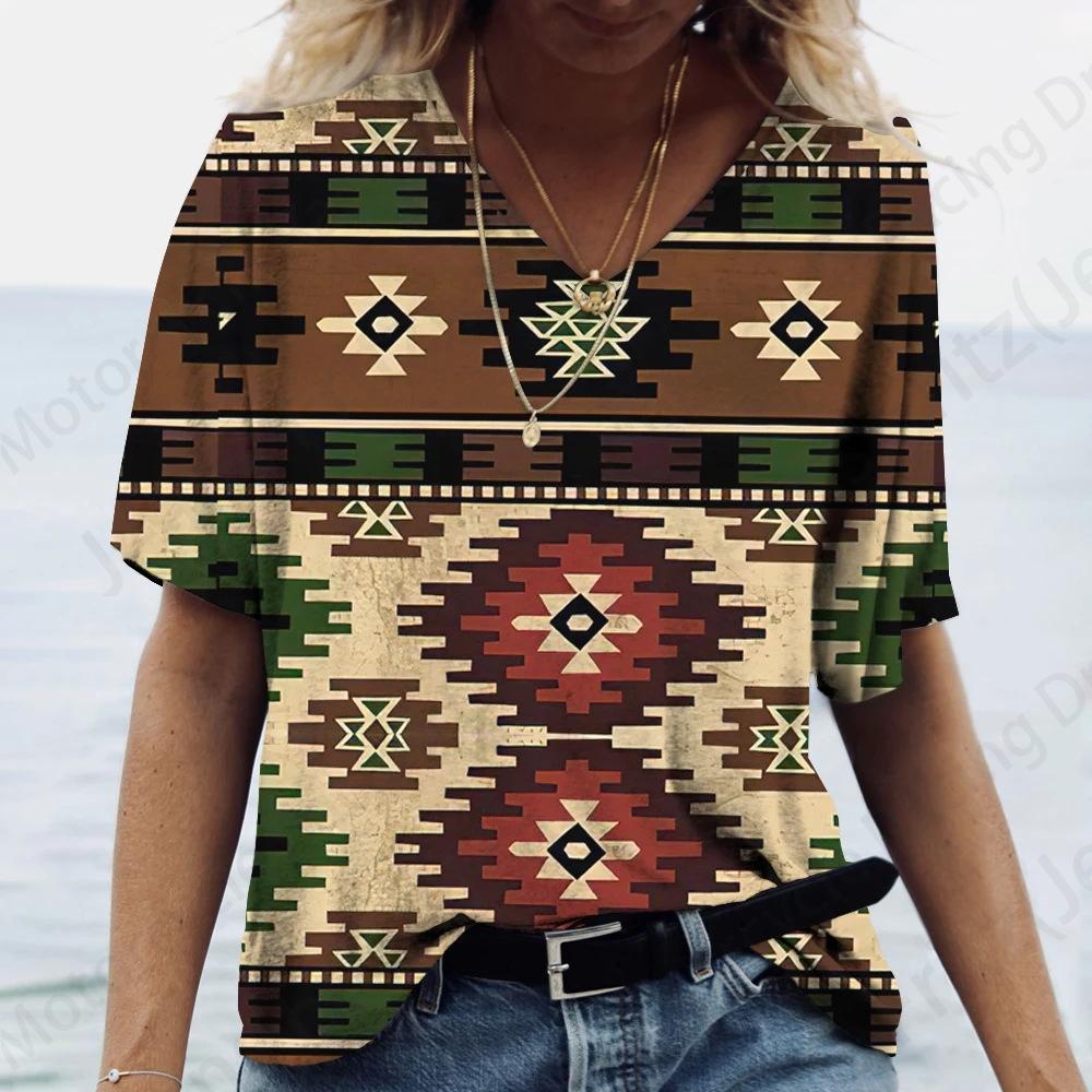 

Женская футболка, винтажная футболка с 3d принтом, женская модная повседневная футболка с v-образным вырезом и короткими рукавами, футболки, этническая футболка с геометрическим рисунком, Camisetas 8XL