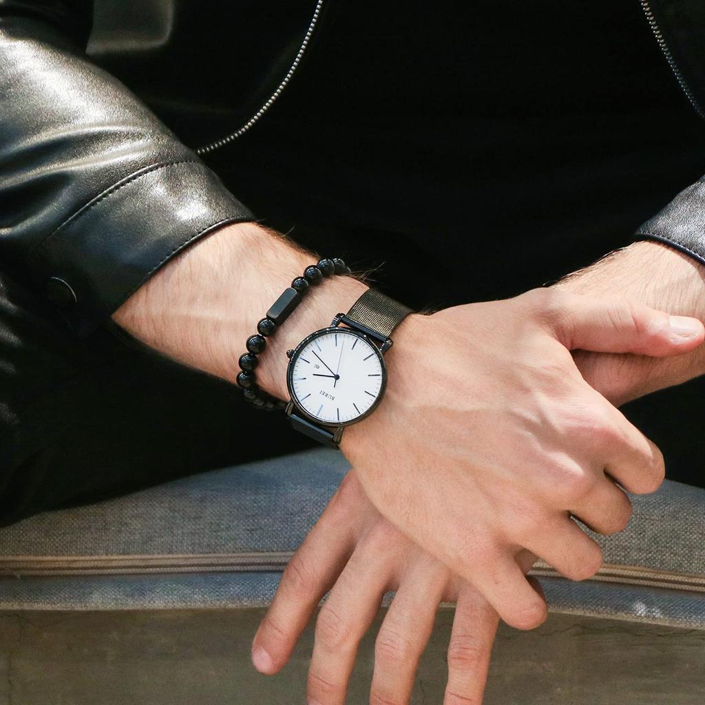 BUREI Men's Minimalist Wristwatch Analog Quartz Waterproof Black and White