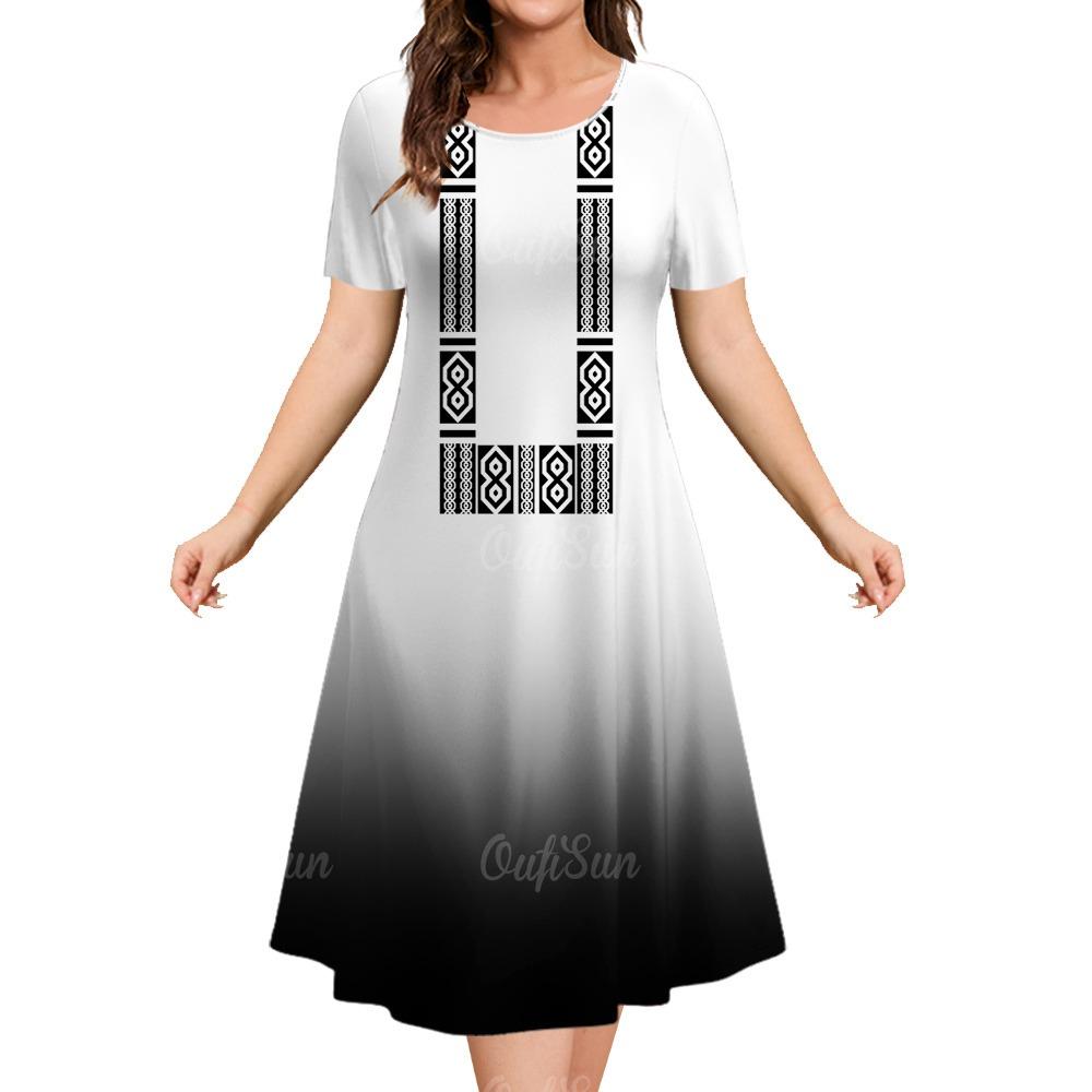 New Design Women's Dresses Ethnic Print Elegant And Beautiful Midi Dresses Plus Size Female Short Sleeve Dress Summer