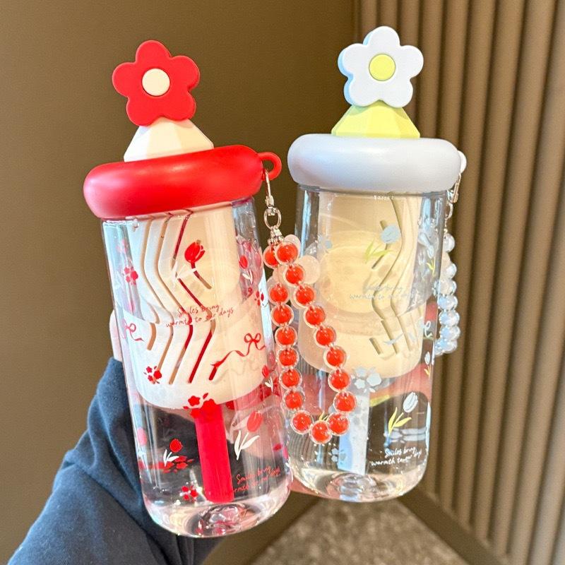 Water Bottle Summer INS with Bead Chain High Value Ins Niche Students Go To School Portable Cartoon Plastic Water Cup