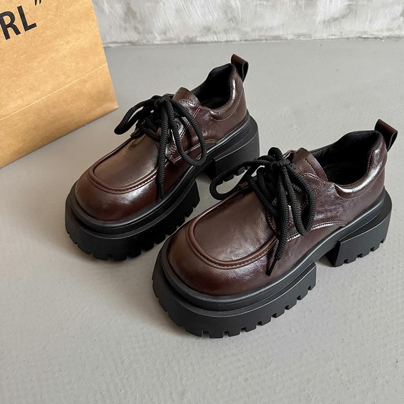 

Retro big head lace-up small leather shoes women s 2025 autumn new platform versatile British college style jk loafer single shoes 35 коричневый