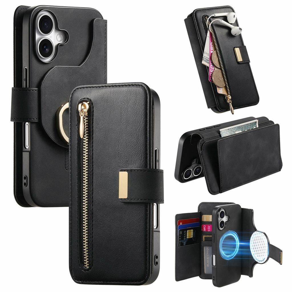 For iPhone 17 Magnetic Leather Case with Detachable RFID Blocking Zipper Wallet Cover