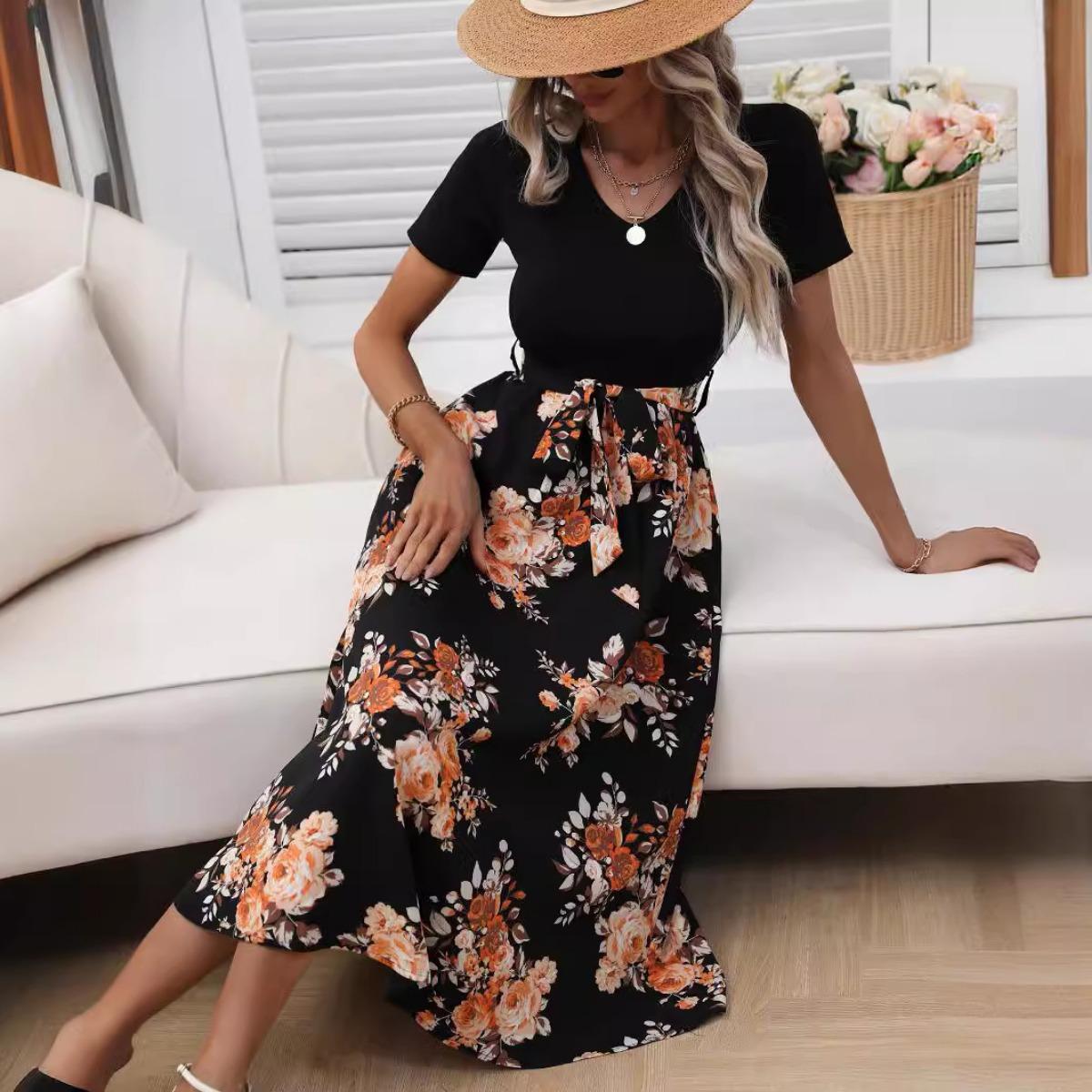 Summer Women s European American Style Sexy V-Neck Printed Mid-length Dress For Cross-border Wholesale S чёрный