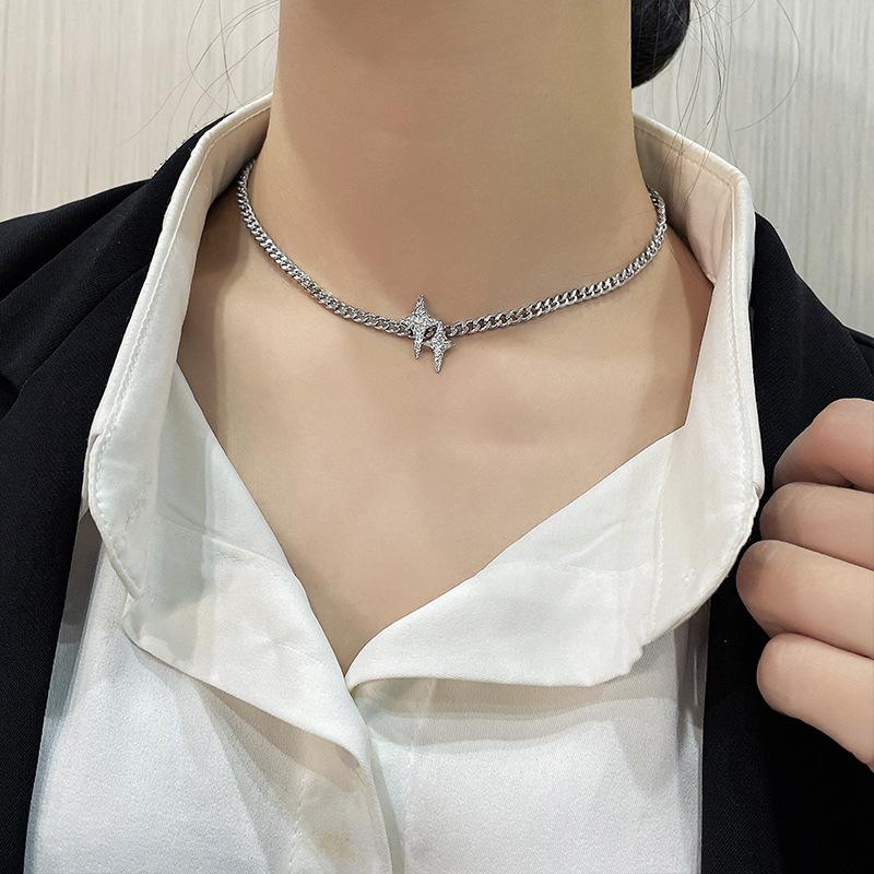 

Ожерелье из стерлингового серебра S925 для танцев, уличной индивидуальности, хип-хопа, четырехконечная звезда, цепочка на ключицу, яркий свитер с двойной звездой, ожерелье, новый крутой