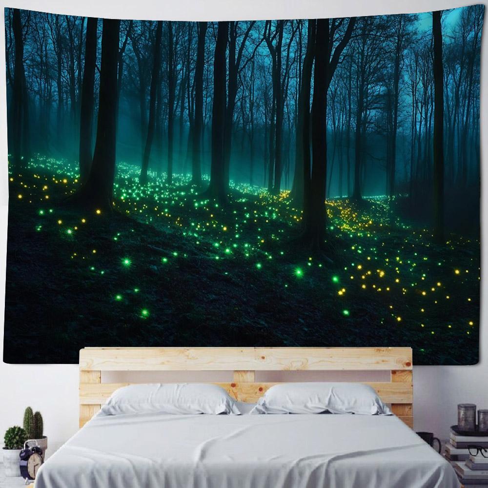 Forest Firefly Tapestry Dreamy Landscape Polyester Wall Hanging Fabric Aesthetic Home Decoration Living Room Background Poster