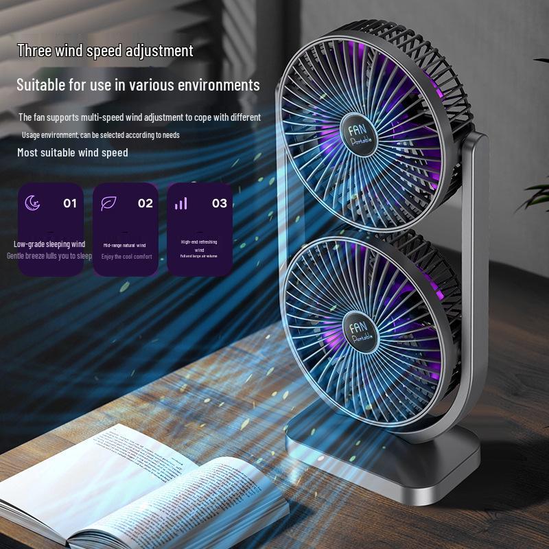 USB Rechargeable Dual-Head Silent Desktop Fan for Home and Office