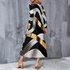 Women Plus Size V Neck Long Sleeve Blue Printed A Line Midi Dress With Pockets