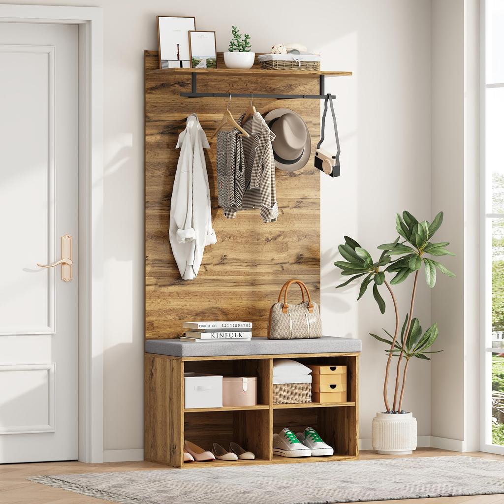 Flurgarderoben Set 175cm hohes, Stylishe Schuhbank, Regal, Kleiderhaken, Kleiderstange, Wandgarderobe verstellbarem Regal, Holzfarbe