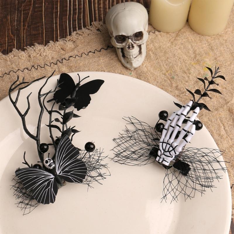 Halloween Hair Clip With Black Butterfly Bone Claw Skull Design For Women Girls Party Accessory