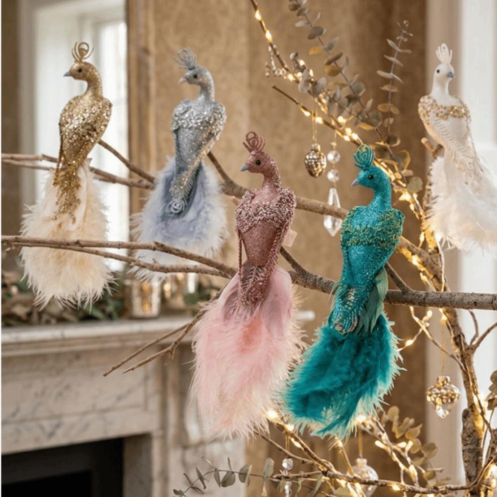 Realistic Christmas Tree Peacock Ornaments Built-In Clip Long Tail Xmas Glitter Peacock Decor Soft Fluffy Non-Shedding