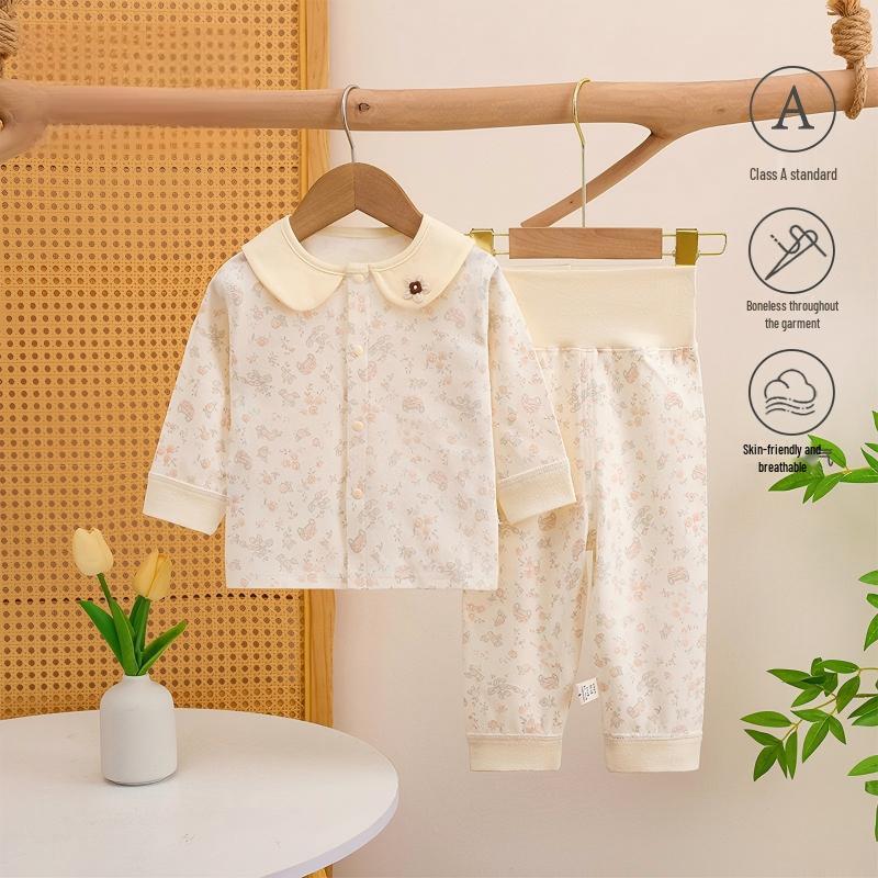 Frühlings- und Herbst-Baby-Baumwoll-Zweiteiler mit hohem Bund, nahtlos - Prinzessinnen- & Britischer Stil