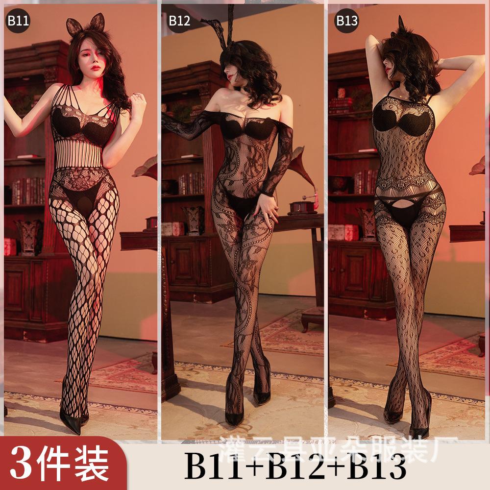 Jacquard-Mesh-Kombination offener Einteiler sexy Unterwäsche hohl sexy Strümpfe Reizwäsche Klasse B Mesh-Kombination