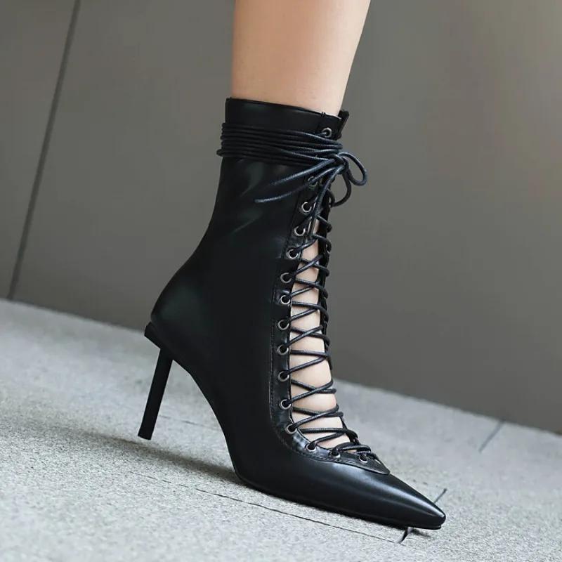 Fashion Brand Design Cross Strap Black and Red Short Boots Autumn Winter Fashion Pointed Spicy Girl Sexy Women's Ankle Boots Size 33-46