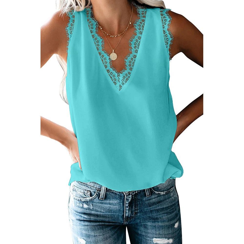 Women's V Neck Sleeveless Tank Top Loose Lace Trim Solid Color Casual Camisole