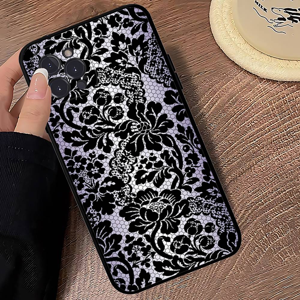 Black Lace Pattern Personalized Mobile Phone Case For IPhone 17 16 15 14 13 12 11 Pro Max Plus Mini Soft Black Cover