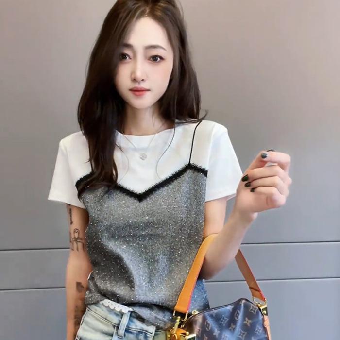 2026 Summer Women's Casual Sequin Patchwork Round Neck T-shirt