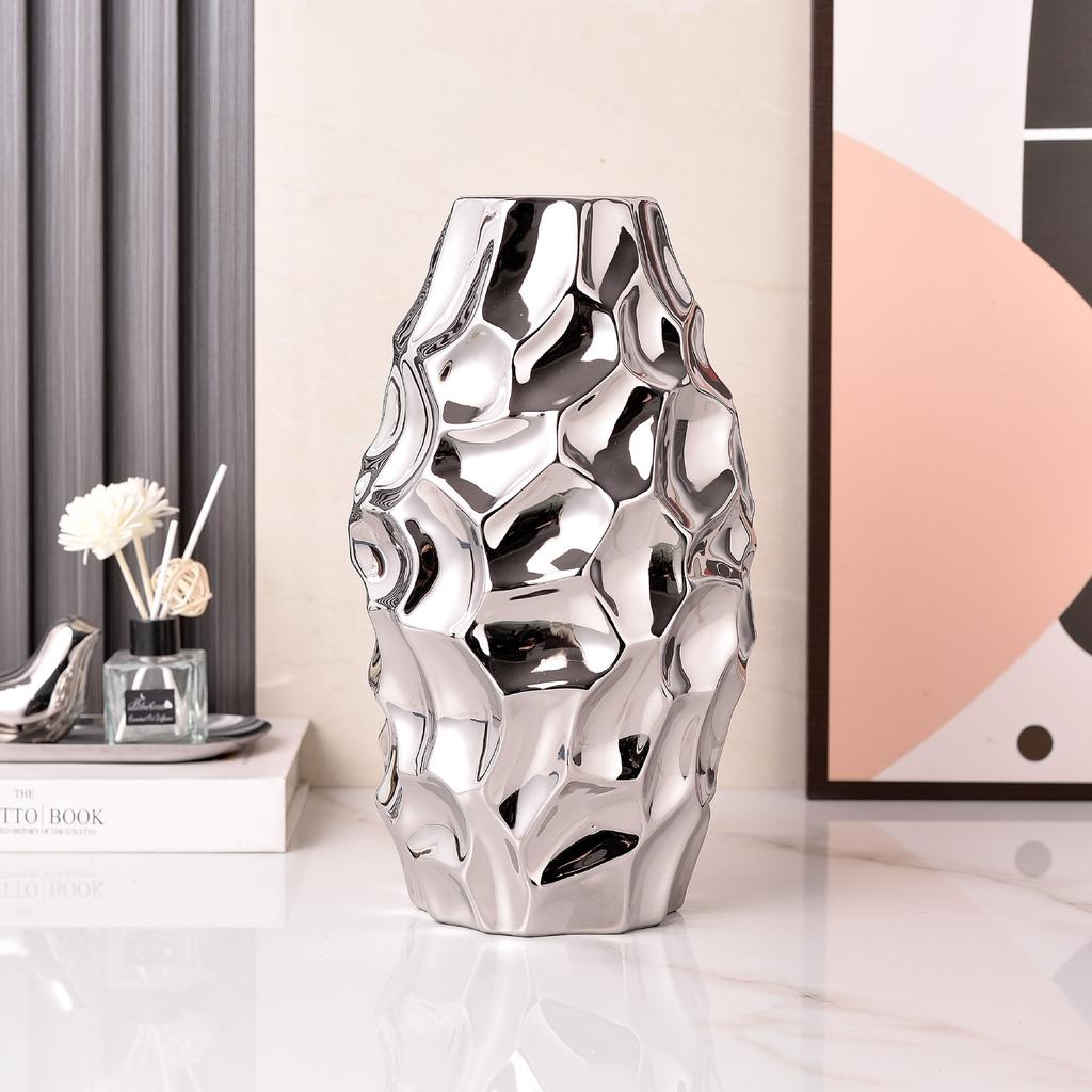Simple Modern Fashion Electroplating Gold and Silver Ceramic Vase Home Soft Decorative Crafts Ornaments Living Room Ornaments