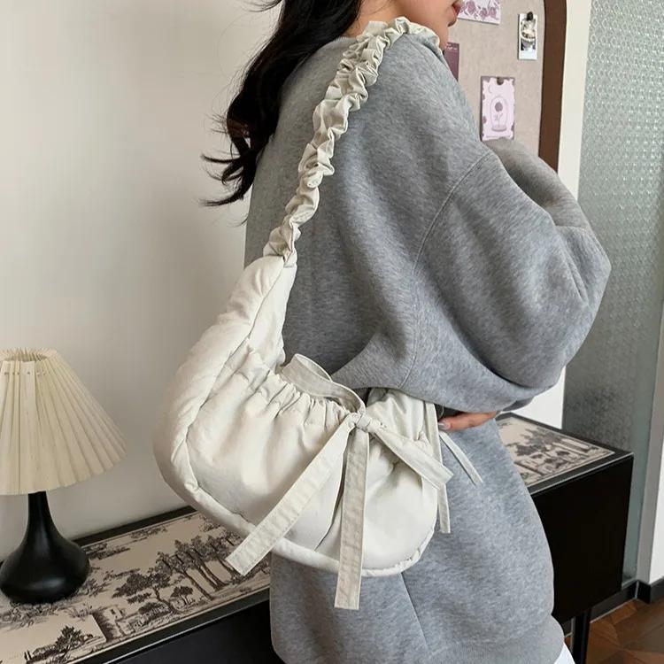 Casual Bowknot Women's Small Shoulder Bags Pleated Solid Color Ladies Underarm Bag Handbags Portable Female Crossbody Bag