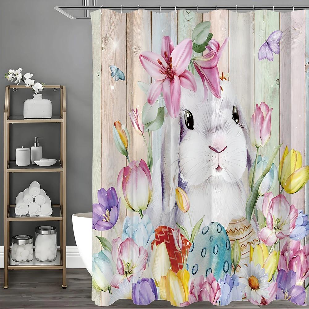Cute Bunny Shower Curtain, Floral Colorful Eggs Wooden Plank Bowknot Bathroom Decorative Shower Curtain, Waterproof Shower Curta