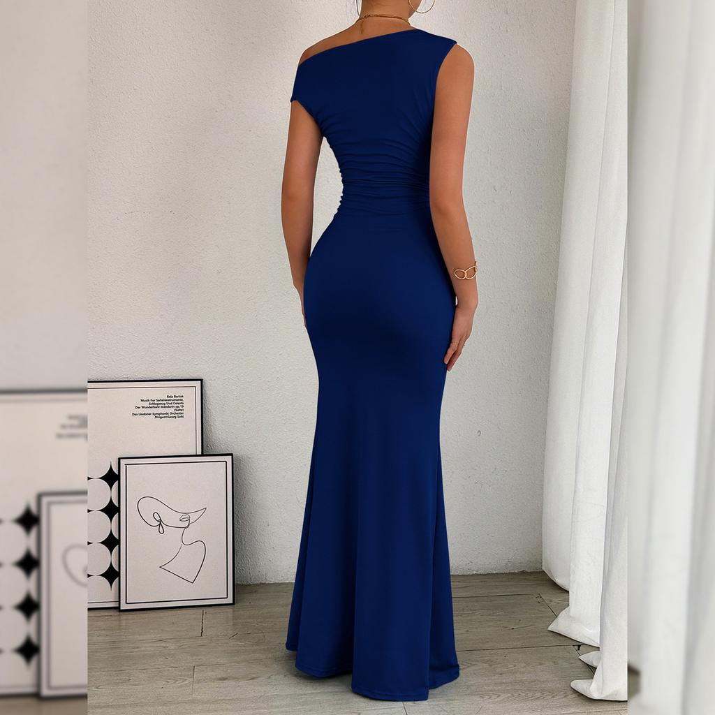European and American Women's Fishtail Skirt with Sloping Shoulder Collar and Sleeveless Sexy Dress