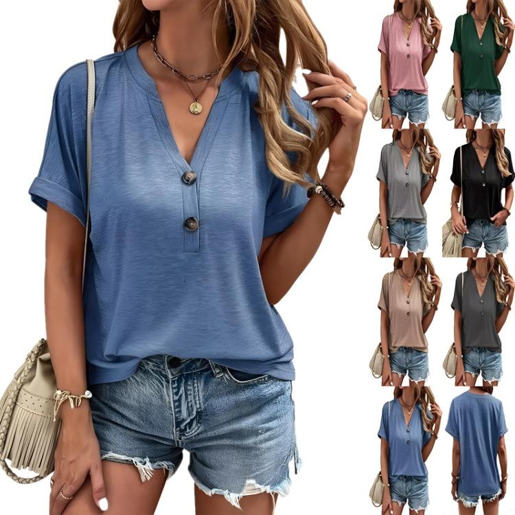 Comfortable European American Fashion Ladies V Neck Tees Short Sleeve Solid Color Female Tops Streetwear Women T Shirts