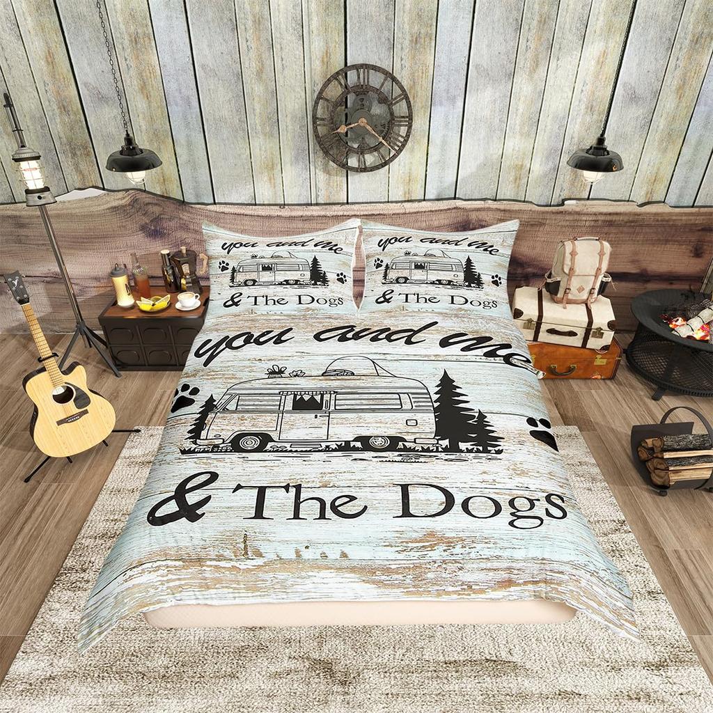 Camping Theme Duvet Cover Set Boys Adults Cartoon Camping Pattern Comforter Cover Queen Wild Adventure Bedding Set with Zipper