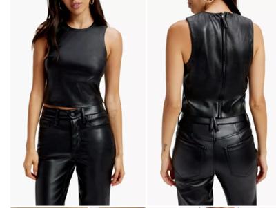 Damen Top Schwarz Ärmellos Party Wear Handgemacht Lammfell Leder Stylisch Casual