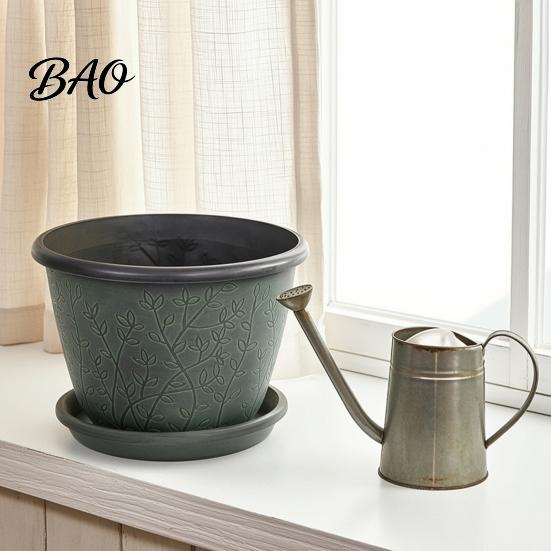 Garden Flower Pots with Trays 12 Inch Thickened for Outdoor Indoor, Plastic Leaf-Pattern Texture Large Planters Planter Drainage Hole & Saucer,