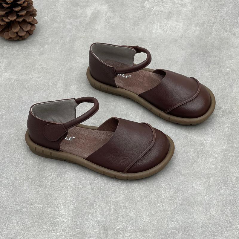 Johnature Sandálias rasteiras retrô artesanais de couro genuíno, casuais, versáteis, confortáveis, sola macia, sapatos femininos