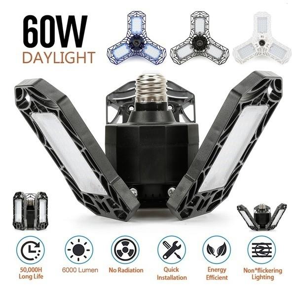 360 Degree LED Garage Lights E27 40/60/80W Deformable Ceiling Lights 3 Panel Adjustable for Garage Ceiling Workshop