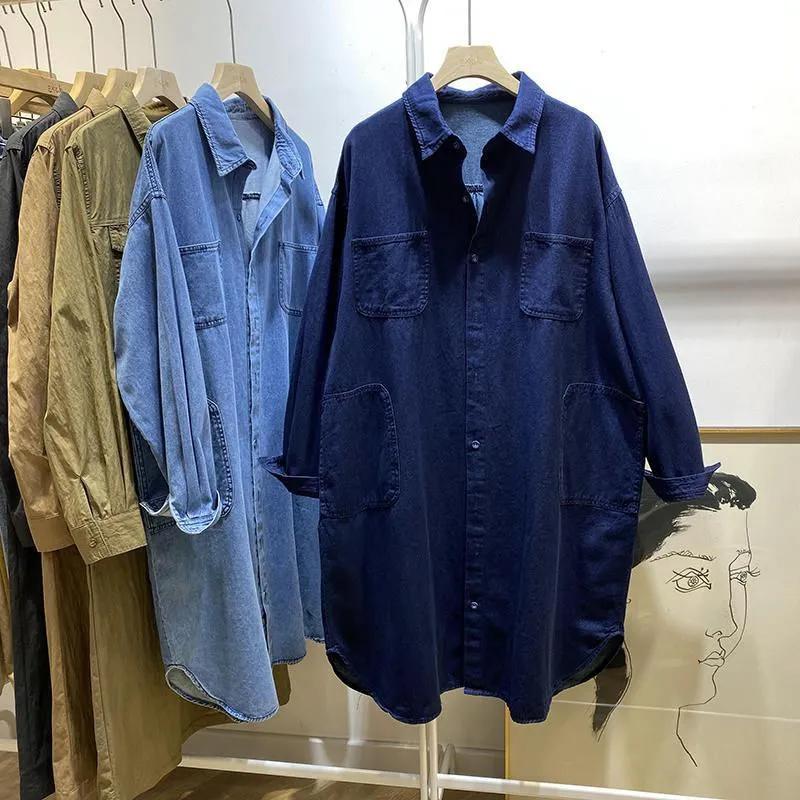 Women's Fall Korean-Style Plus Size Polo Collar Long-Sleeve Causal Mid-Length Denim Shirt