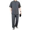 2Pcs/Set Men Suit Stand Collar Short Sleeve Single Breasted Shirt Elastic Waist Long Pants Set Solid Color Loose Fit Leisure Outfit