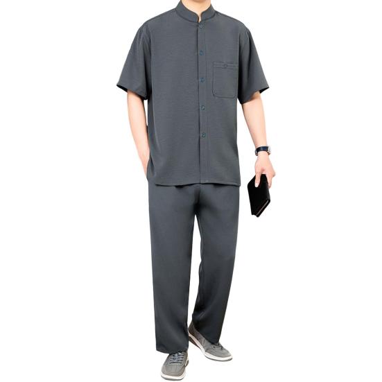 2Pcs/Set Men Suit Stand Collar Short Sleeve Single Breasted Shirt Elastic Waist Long Pants Set Solid Color Loose Fit Leisure Outfit