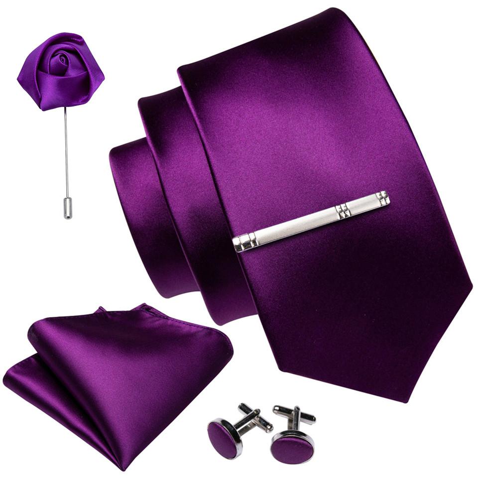 Barry, Wang Tie Set for Men Purple Paisley Silk Necktie Hanky Cufflinks Boutonniere Tie Clip Set