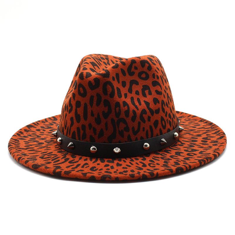 Leopard Print Top Hat, Jazz Hat, Men'S And Women'S Woolen Rivet Top Hat, Flat-Brimmed Big Eaves Hat.