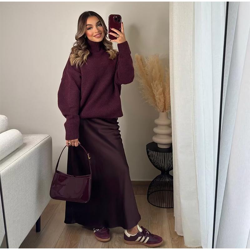 Casual Turtleneck Pullover Women Autumn Winter Dark Red Loose Sweater Female Full Sleeves Solid Color Knitwear Lady All-match Pullovers