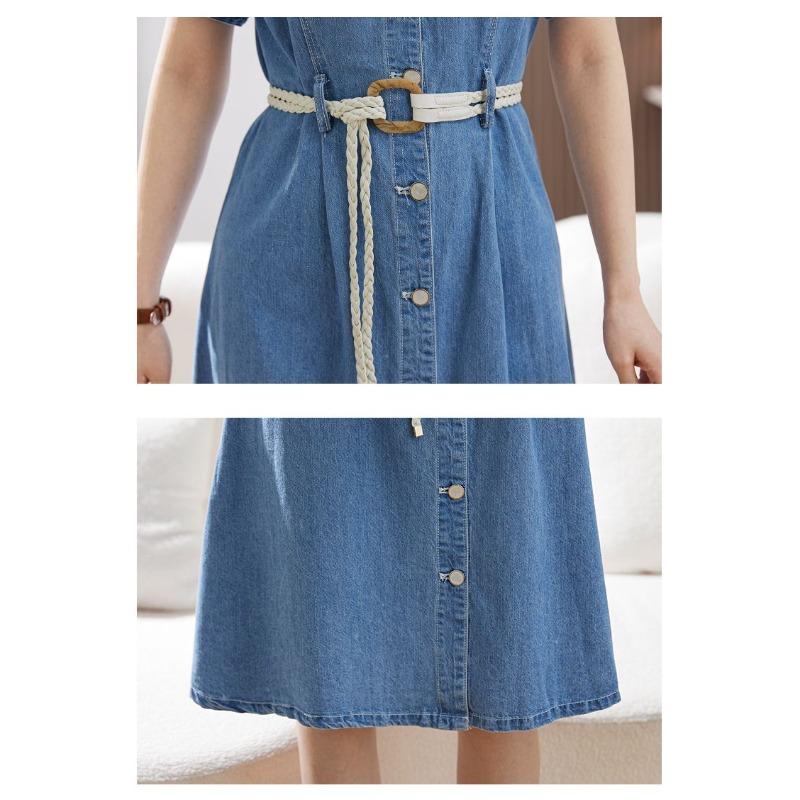 Summer Slim Fit Denim Dress Casual Short Sleeve Waist Tie Womens Fashion Lightweight and Comfortable Stylish Outfit