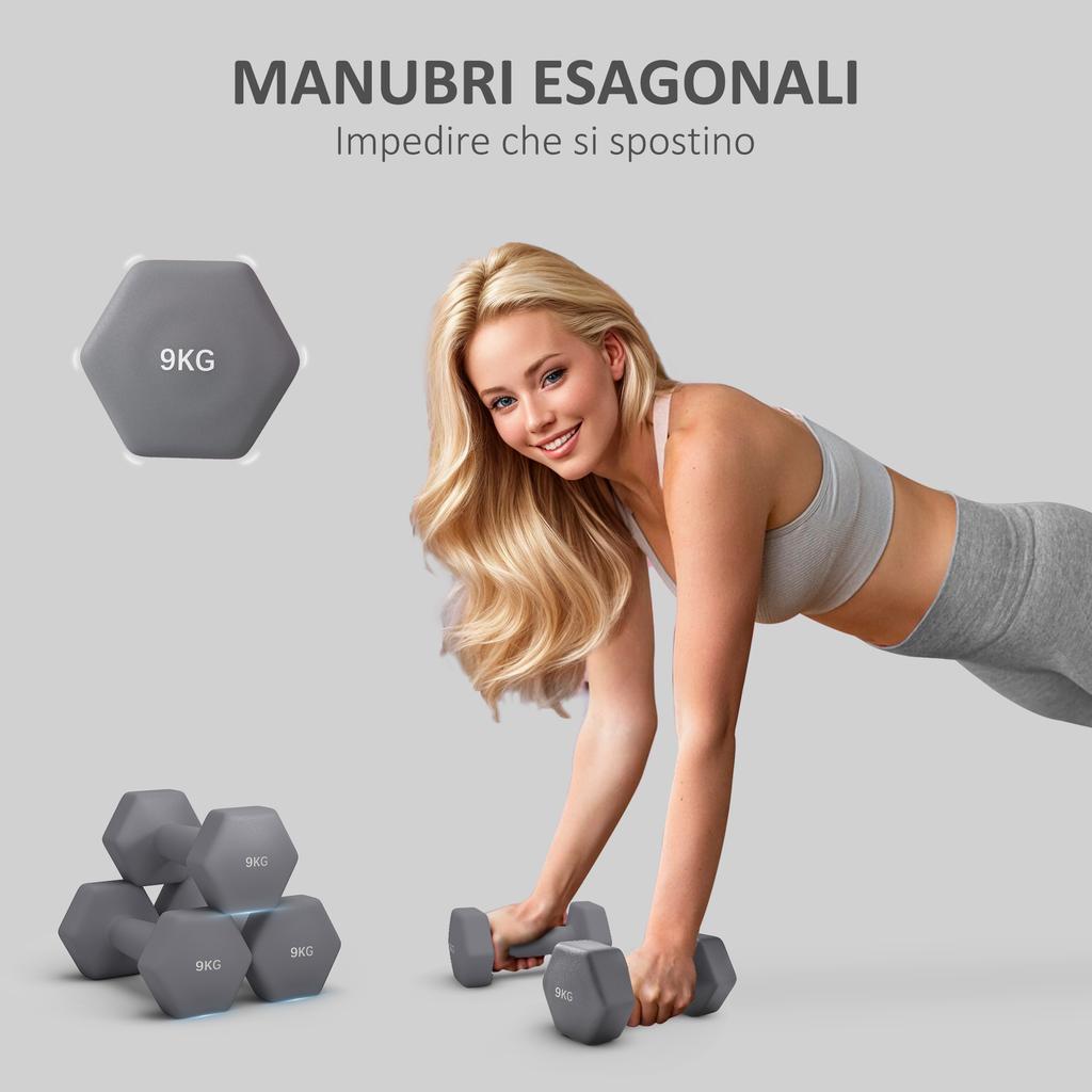 Set of 2 Hexagonal Dumbbells 9 kg in Metal and Plastic with Non-Slip Grip, 25x11x11cm, Grey