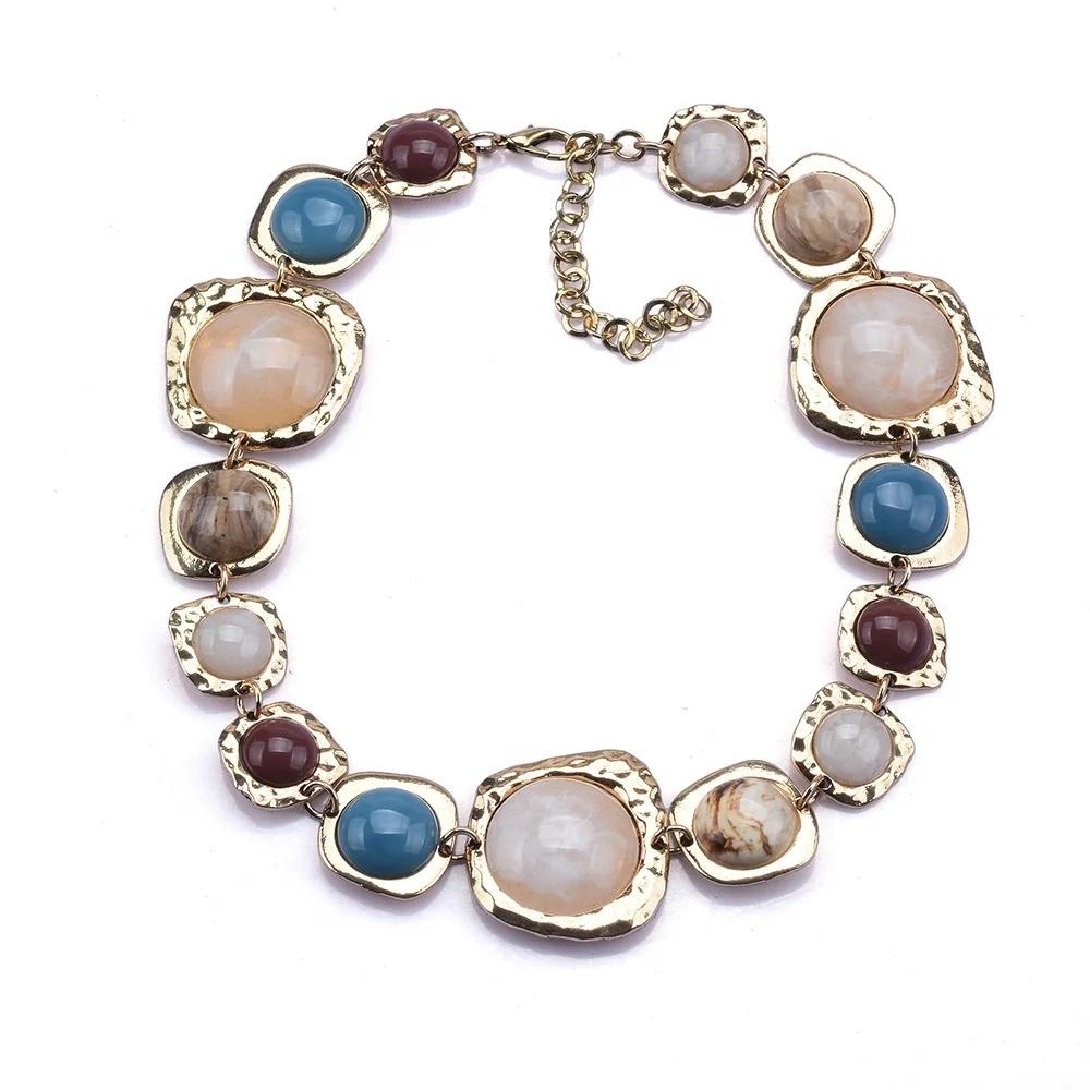 Vintage Gold Plated Resin Stones Necklace for Women Exaggerated Boho Ethnic Irregular Geometric Metal Choker Collar Jewelry Gift