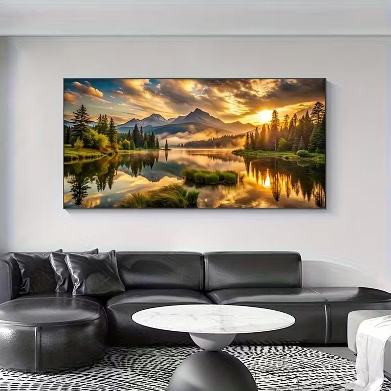 2D Reflective Forest Lake Tapestry Mountain Sunset Photography Background