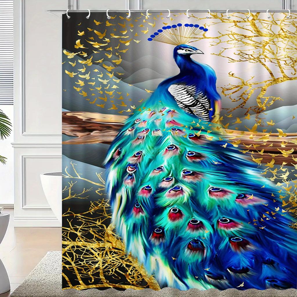 Peacock Shower Curtain Blue Gold Feather Art Elegant Bird Decor Luxury Bathroom Waterproof Fabric Bath Curtain Set Home