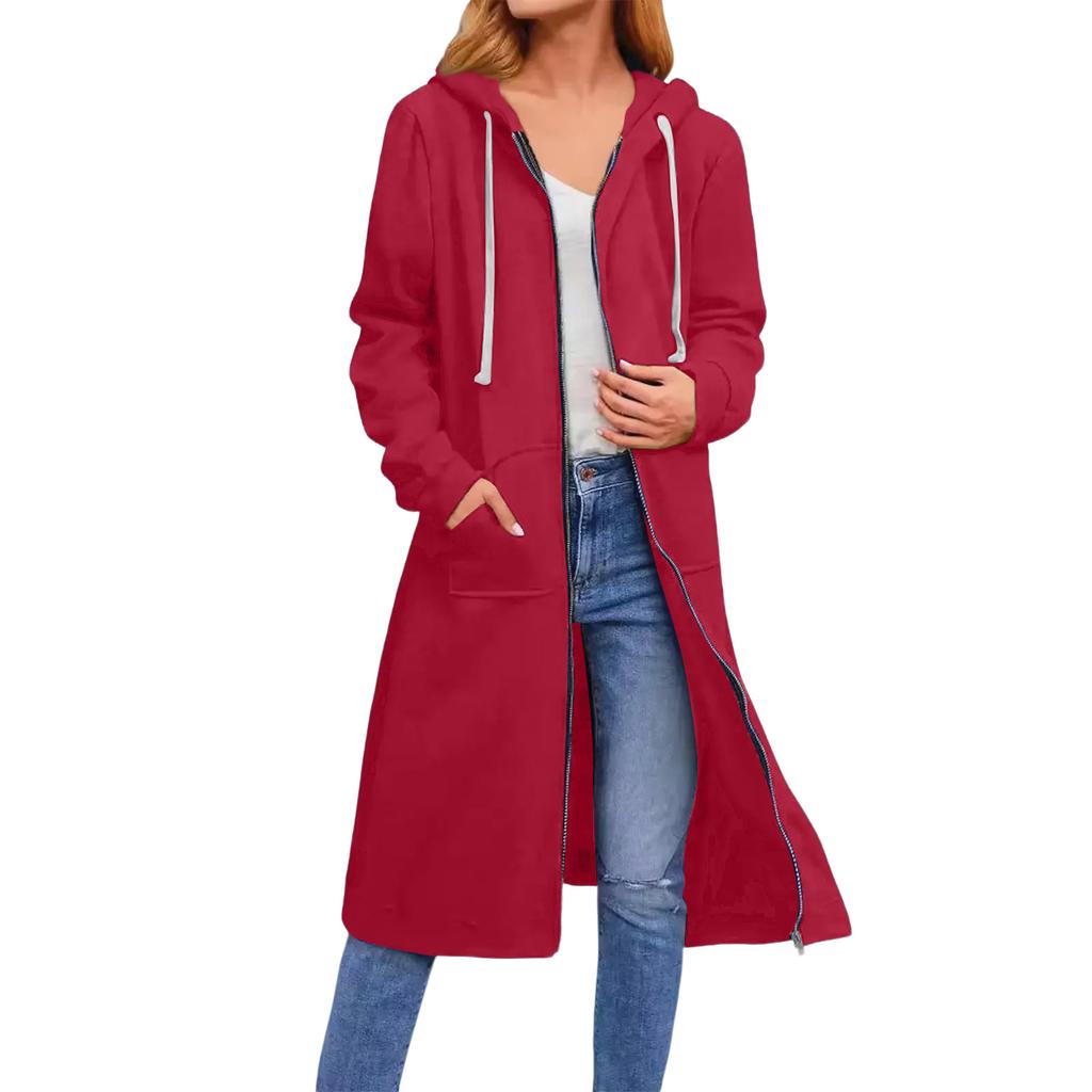Women's Solid Color Fashionable Loose Zipper Long Cardigan Hooded Sweatshirt Jacket