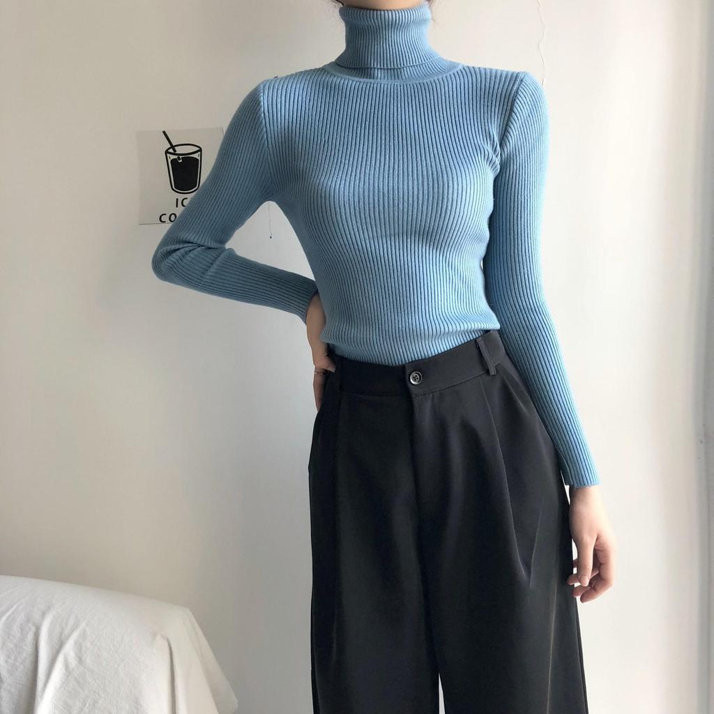 2024 Damenmode Slim Fit Einfarbig Rollkragen Strickpullover