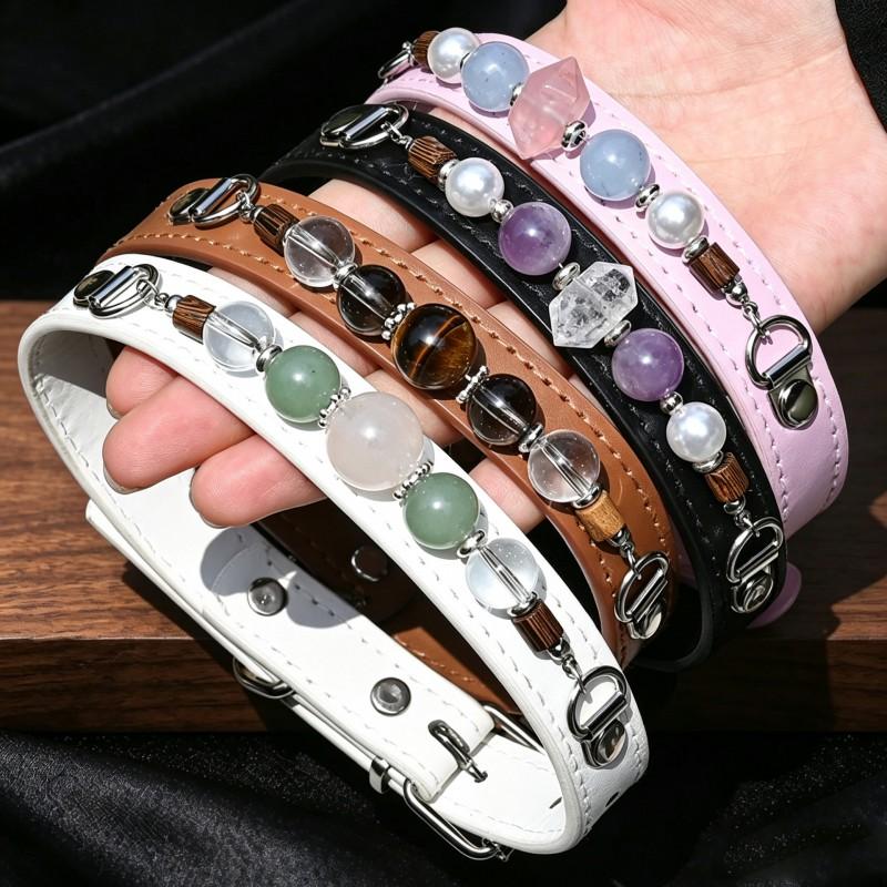 Natural Crystal Pet Collar Cats Dogs PU Leather Necklace With Raw Stone Beads Vintage Style