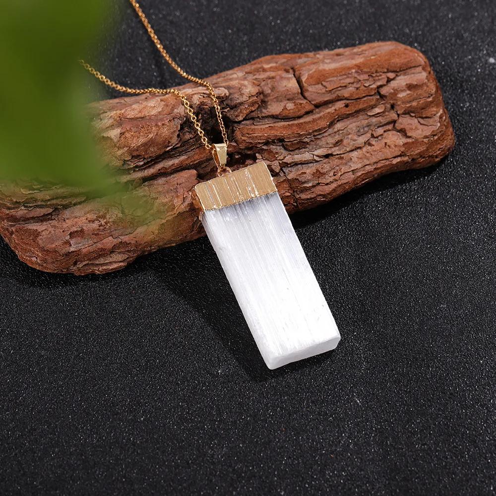 Natural Raw Selenite Inlaid Amethyst Citrine Flat Rectangle Pendant Reiki Healing Crystals Amulet Specimen Hanging Ornament