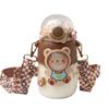 Soft Straw Drinking Cup Portable Plastic Sippy Cup Cartoon Pattern Water Bottle with Strap Brown